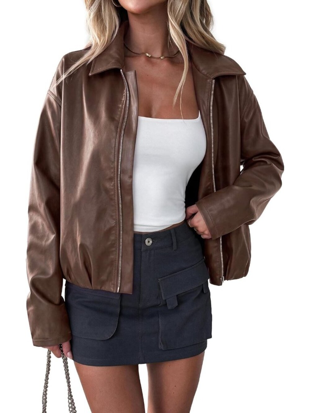Women's Brown Faux Leather Motorcycle Casual Long Sleeve Cropped Jackets